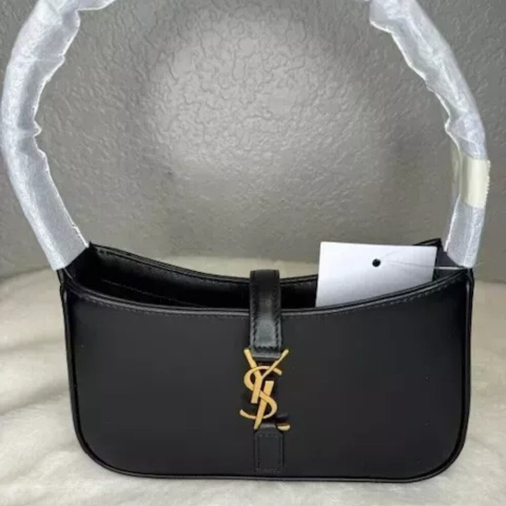 SAINT LAURENT YSL Mini Le 5 A 7 Leather Shoulder Hobo Bag BLACK